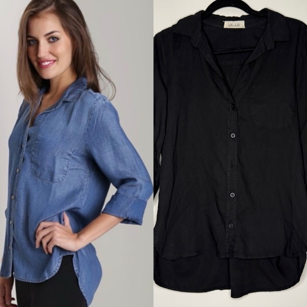 BELLA DAHL Tencel Black Beachy Boho Elevated Classic Buttondown Tunic Shirt